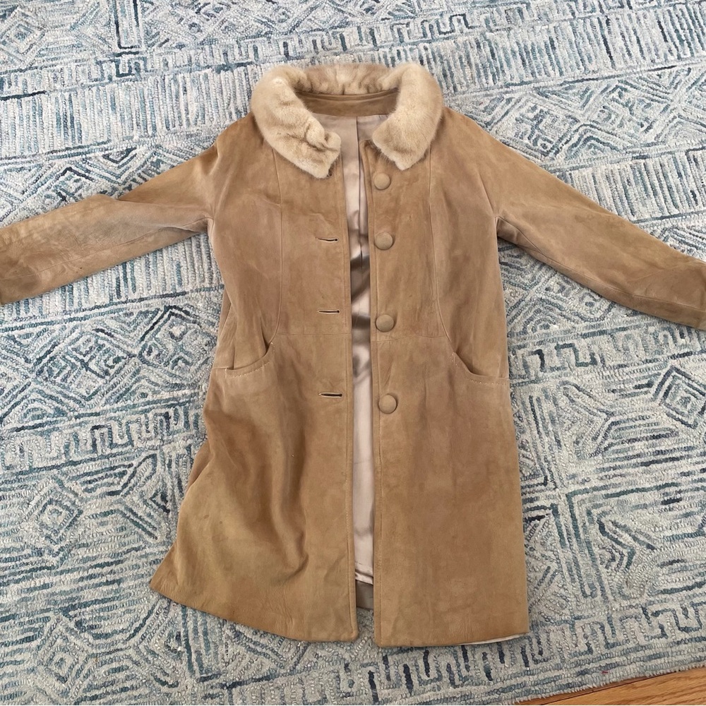Women's Tan Suede Coat with Faux Fur Collar